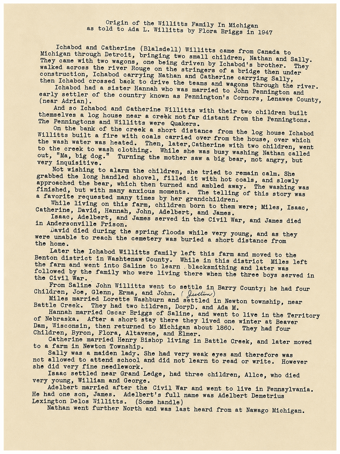 Origin of the Willitts Family in Michigan, as told to Ada L. Willitts by Flora Briggs, 1947